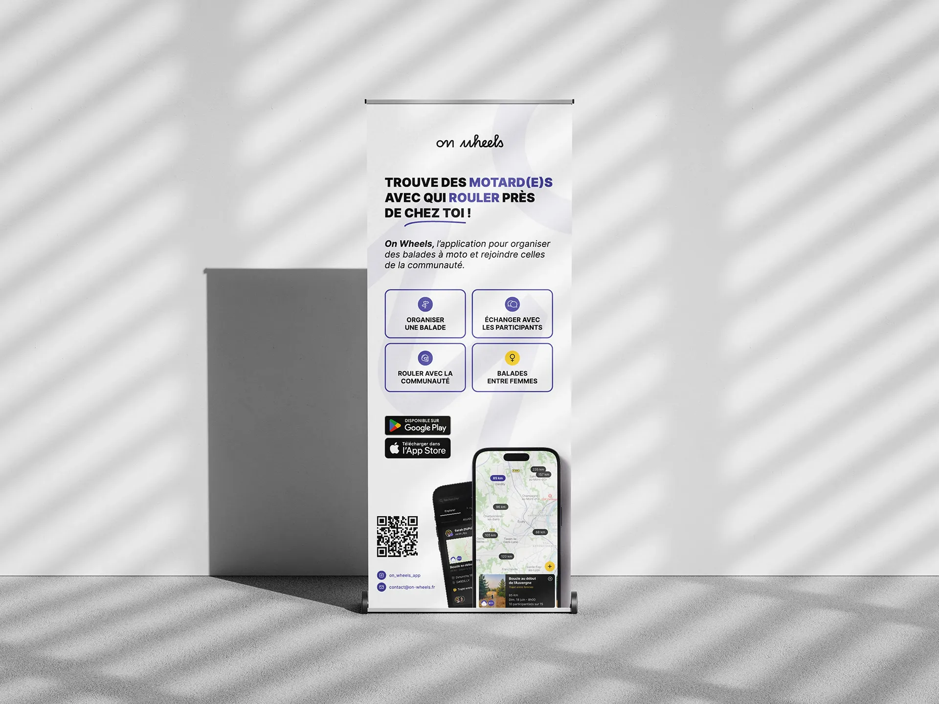 Flyer On Wheels présentant l’application mobile pour organiser des balades moto et rejoindre la communauté.
